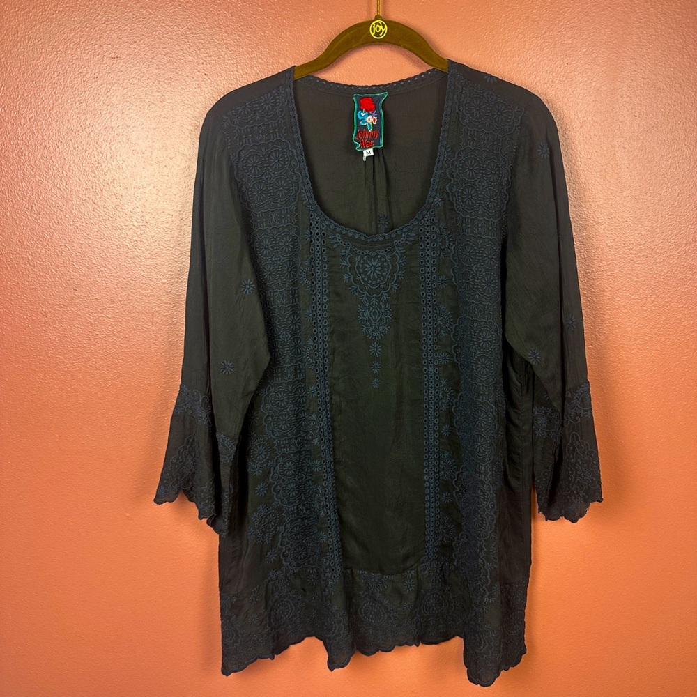 Johnny Was black blouse with navy embroidery size medium